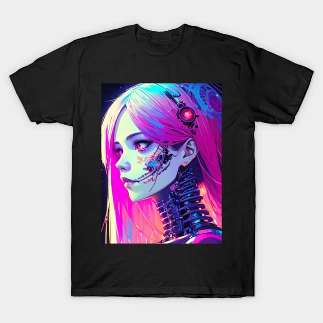 Cyberpunk Anime Skeleton Futuristic Mecha Robot Space Girl Cute Kawaii T-Shirt by ShyPixels Arts